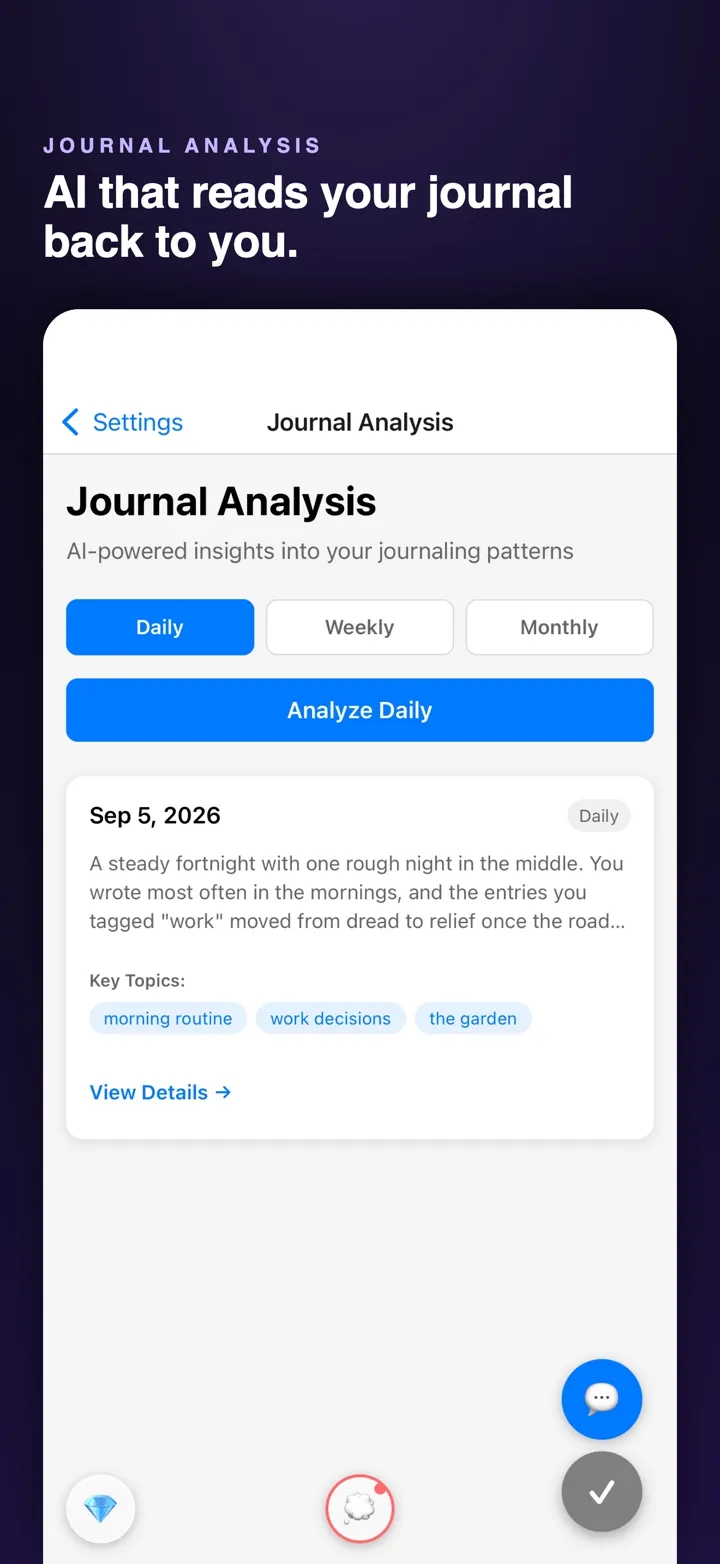 A daily journal analysis listing key topics: morning routine, work decisions, the garden