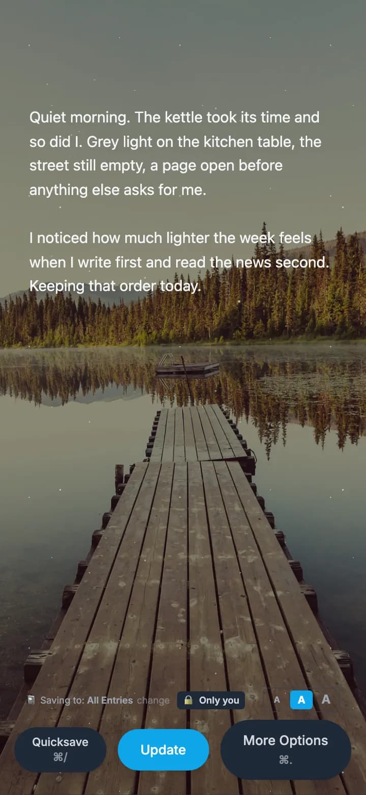 The web writing page: two short paragraphs about a quiet morning in white text over a photograph of a wooden dock on a still lake, with a save bar along the bottom marked Only you