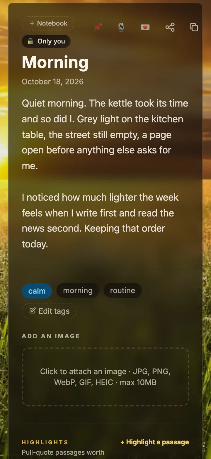 An entry titled “Morning” marked Only you, two paragraphs of text, then a calm mood and morning and routine tags, over a photograph of a sunset field